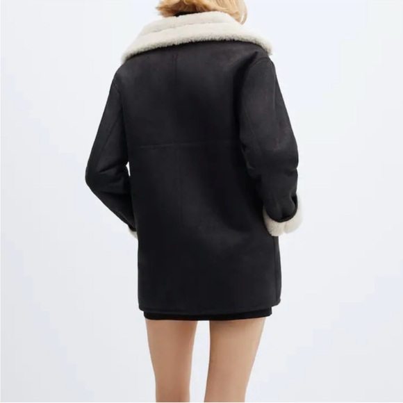Mango Faux Shearling Faux Leather Black and Cream Coat - Picture 3 of 10